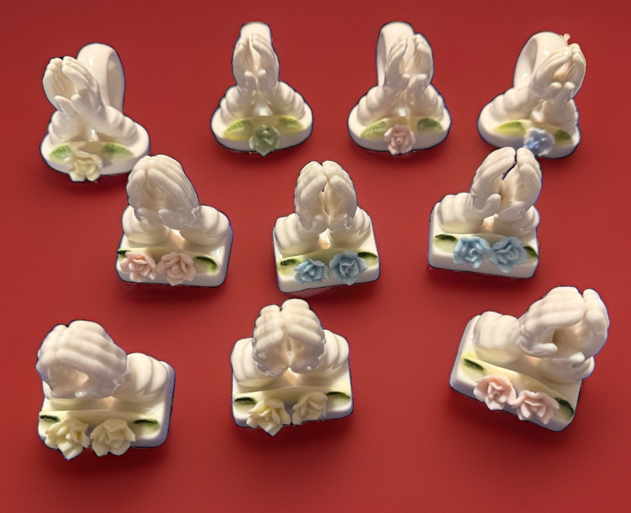 Vintage LEGO Bone China Praying Hands 10pc Lot: 4 Napkin Holders & 6 Figurines