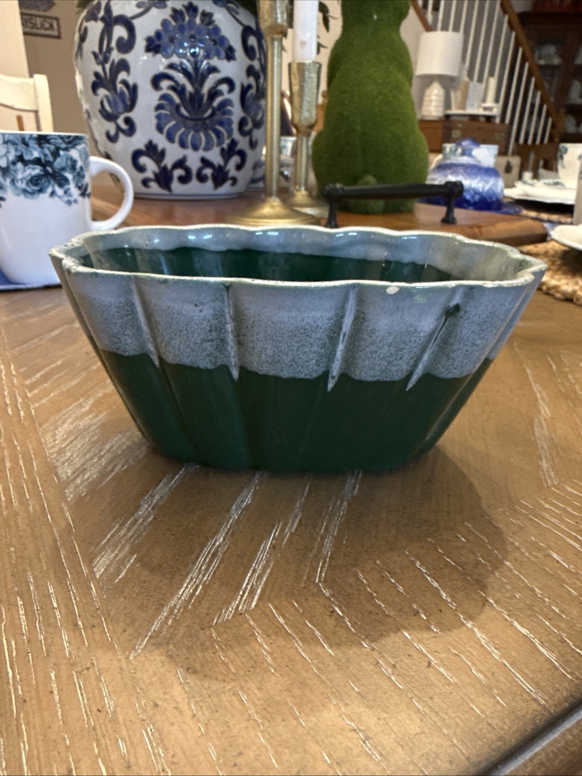 Vintage U P C O Ruffled Drip Glazed Green & White Pottery Container