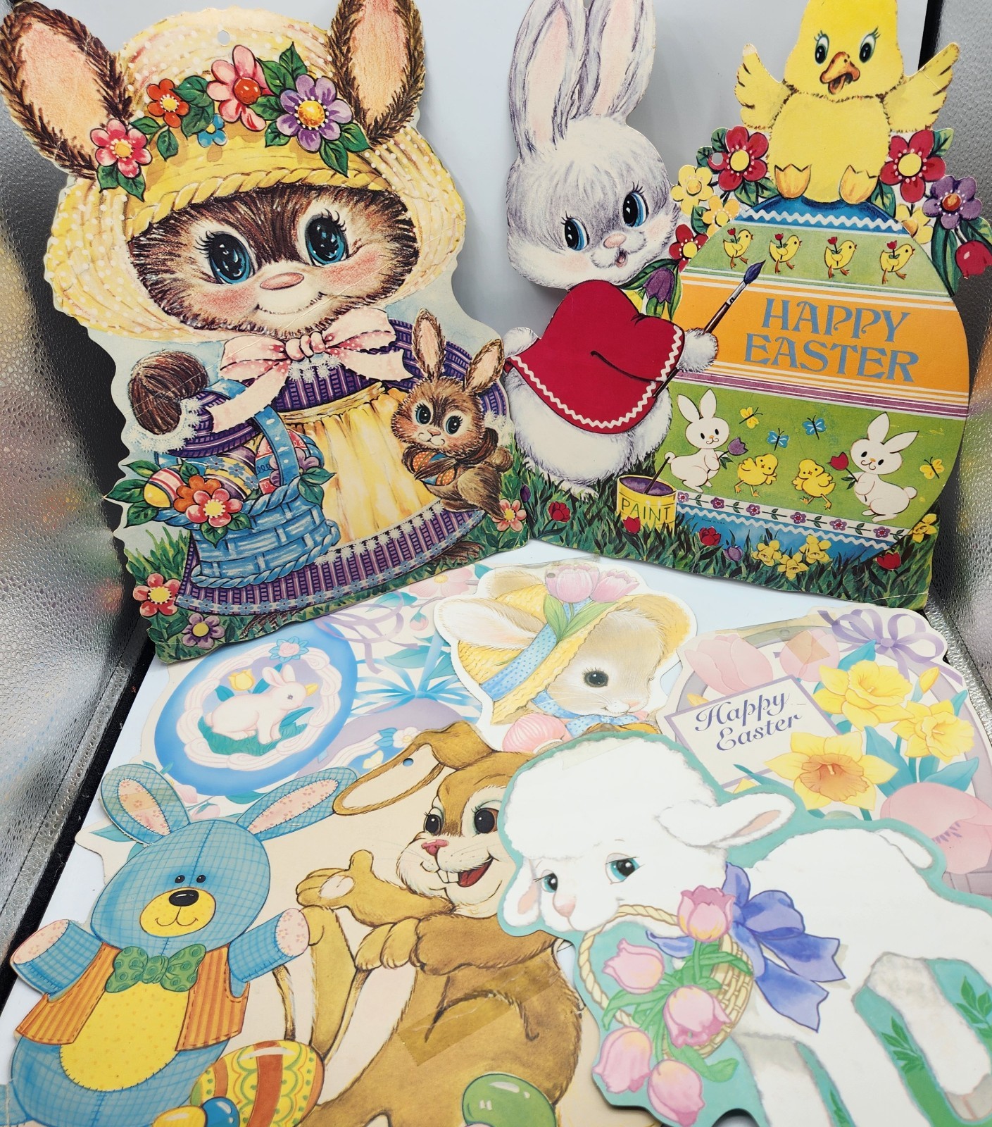 Vintage EUREKA Die Cut Out EASTER Bunny Rabbit Eggs Flowers Basket Lot of 7