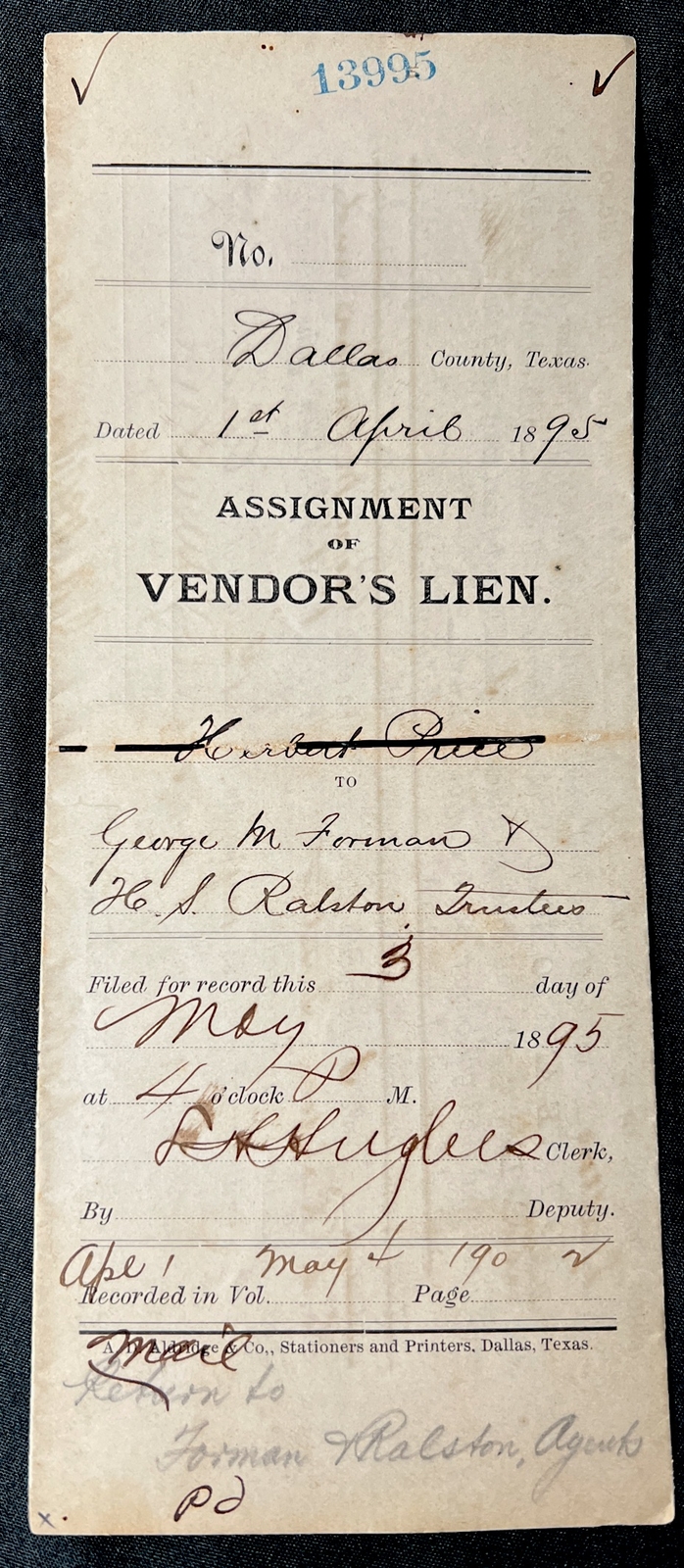 antique 1895 DALLAS TEXAS Vendors Lien Land Dallas County HERBERT PRICE TX