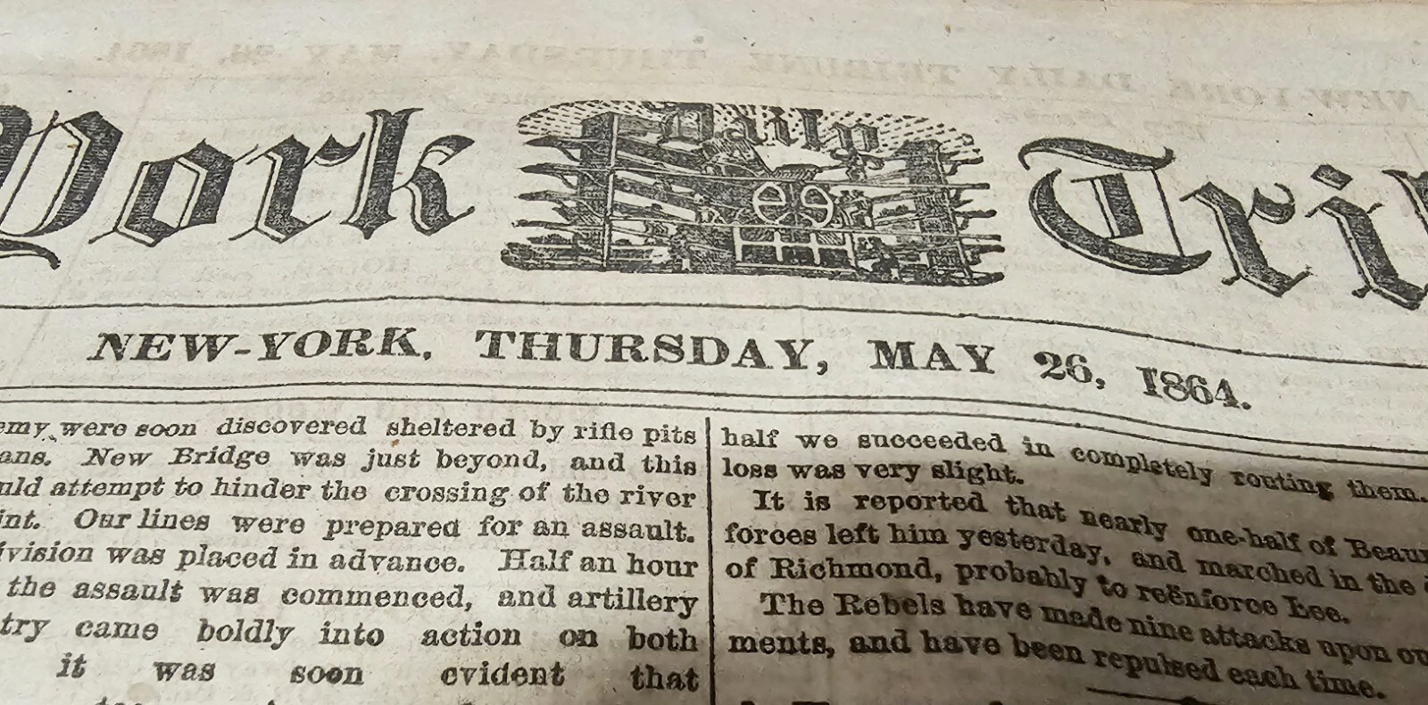 Antique New York Tribune Civil War Newspaper May 26, 1864 First 3 Pages