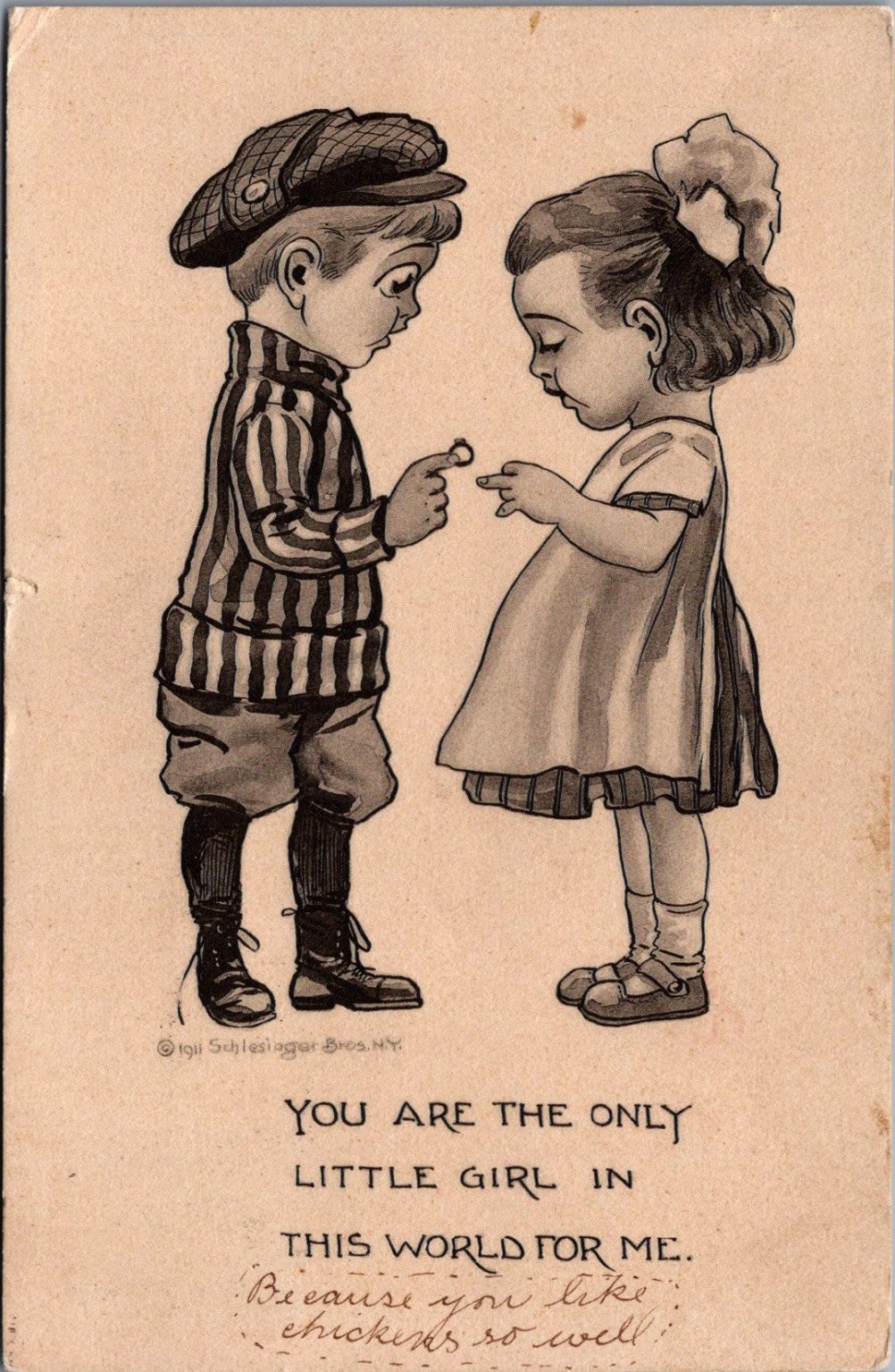 1911 Schlesinger Bros Comic Postcard Boy Girl Chickens Toppenish WA 1913 Posted