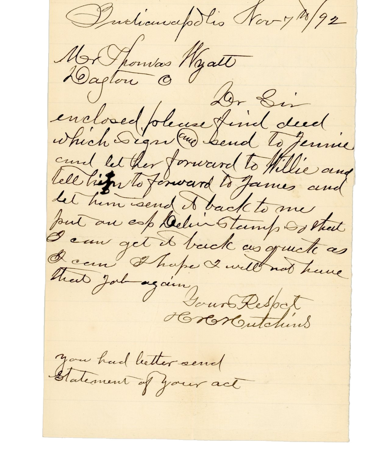 1892 Indianapolis IN Handwritten Letter Deed Request H H Hutchins Thomas Wyatt