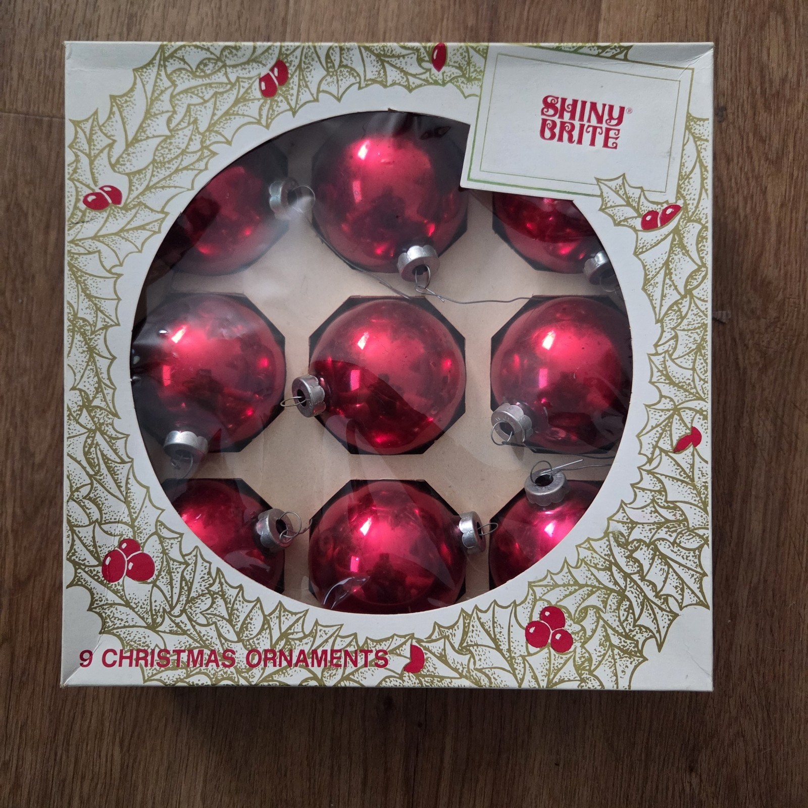 Vintage Shiny Brite Red Pink Glass Ball Christmas Ornaments Set of 9 Boxed