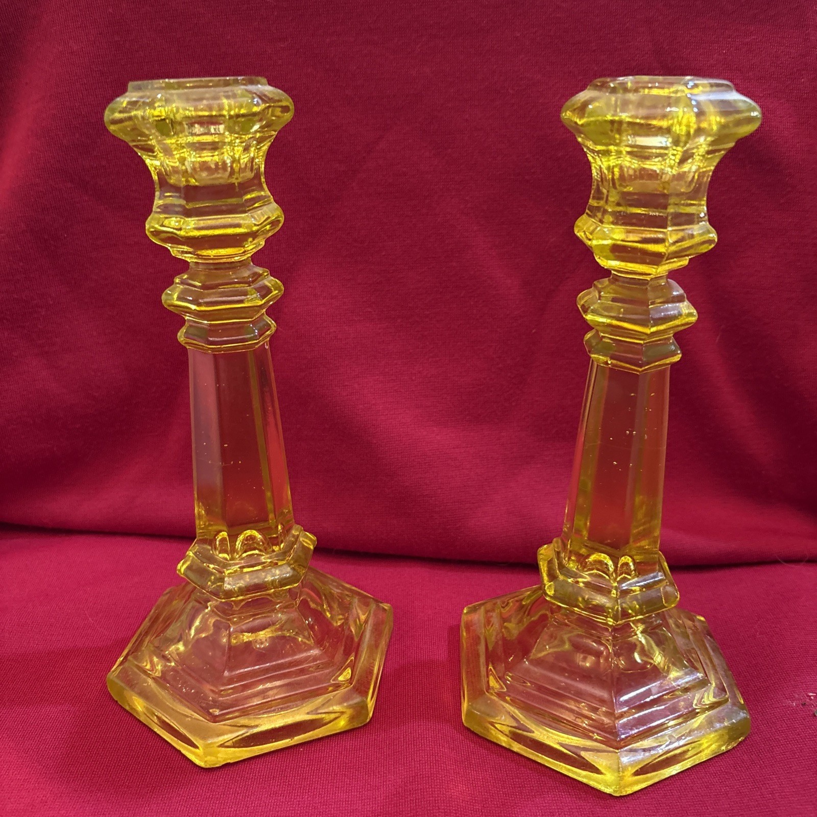 Antique C. 1850 Pressed Boston Sandwich Glass Canary Candlestick 9” Pair RARE