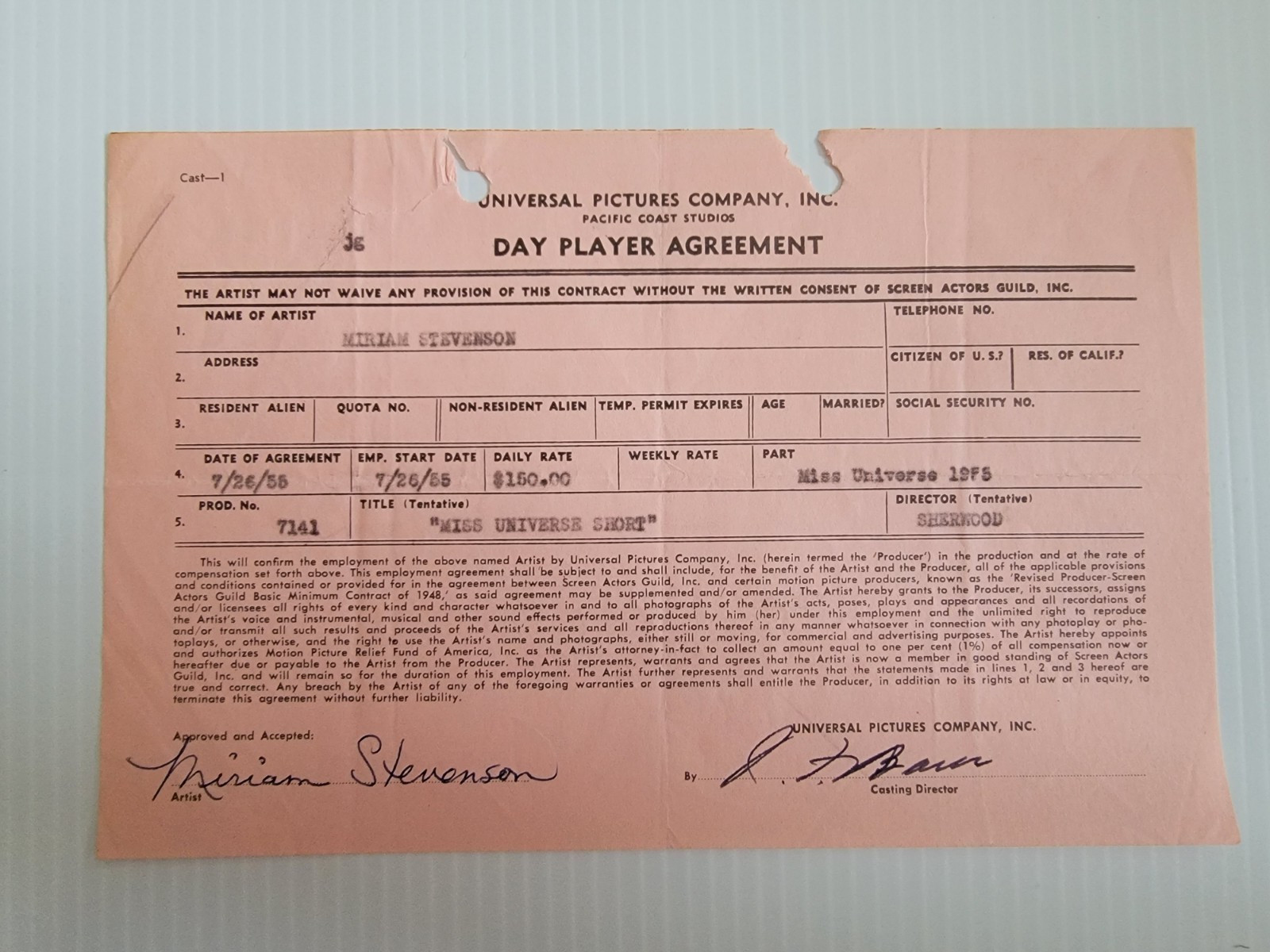 Miriam Stevenson 1955 Signed Contract Autograph Miss Universe 1954 Miriam Stevenson 1955 Signed Contract Autograph Miss Universe 1954