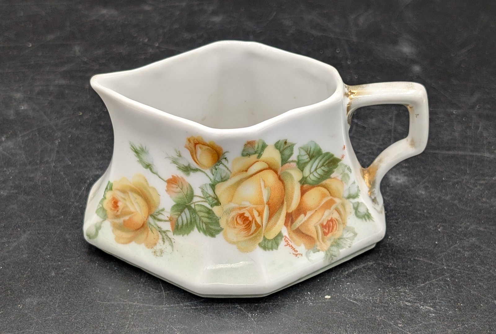 Antique Germany Porcelain Creamer Sauce Pitcher Yellow  Pink Roses Flowers 