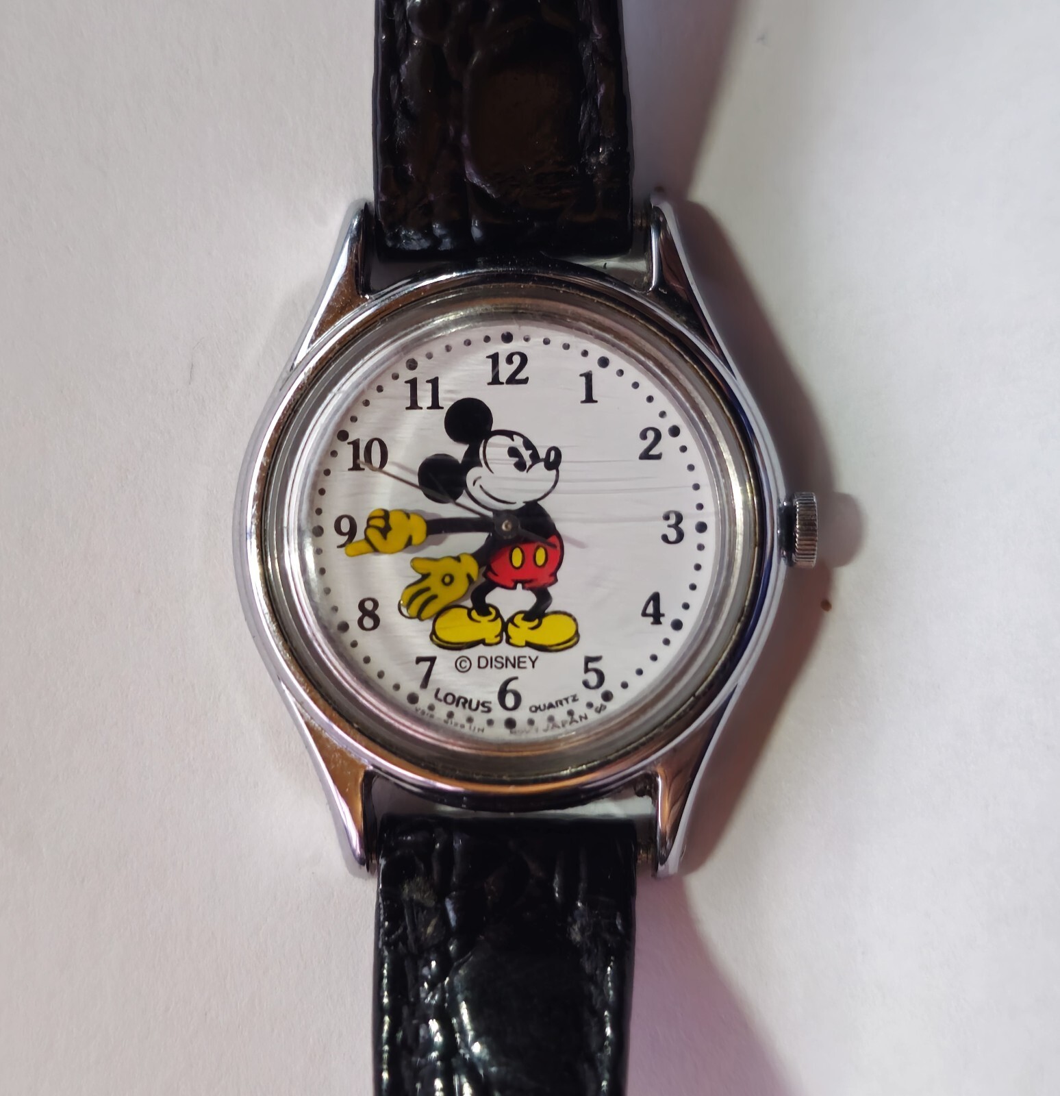 Vintage Lorus Disney Mickey Mouse Wristwatch with Black Leather Strap New Batt.