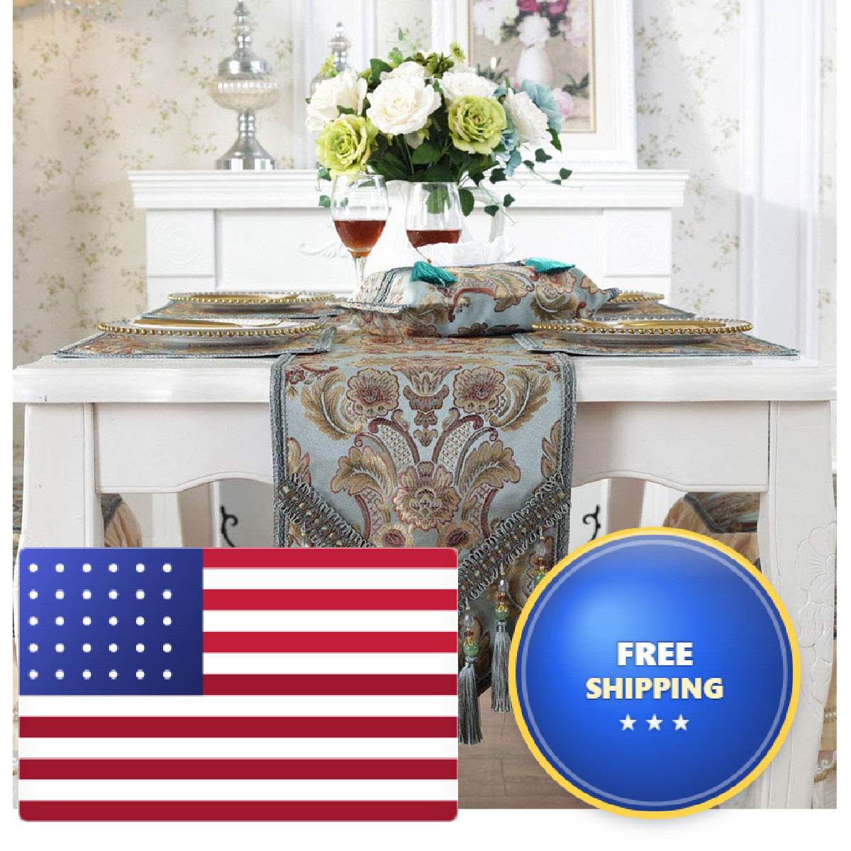 Vctops Vintage Luxury Jacquard Damask Floral Table Runners Tea Table Decoration