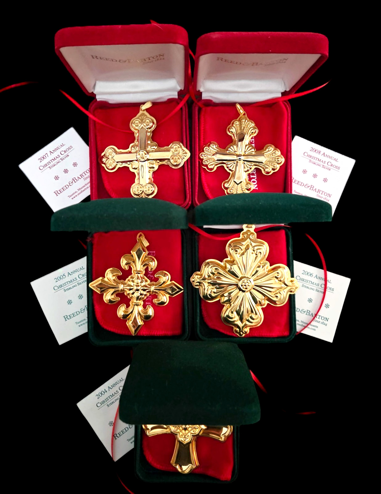 Reed & Barton Set of 5, 2004 to 2008 Vermeil Sterling Cross Christmas Ornaments