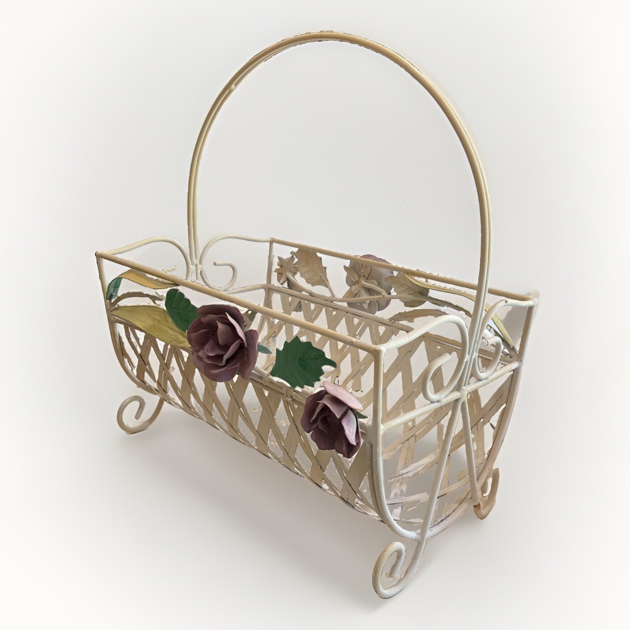 Vintage Cream Metal Wire Basket Floral Rose Accent Handle Lattice Caddy Planter