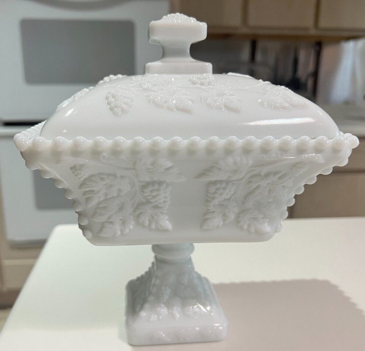 Westmoreland Large Milk Glass Beaded Grape Square Pedestal Compote 9” UV Glow