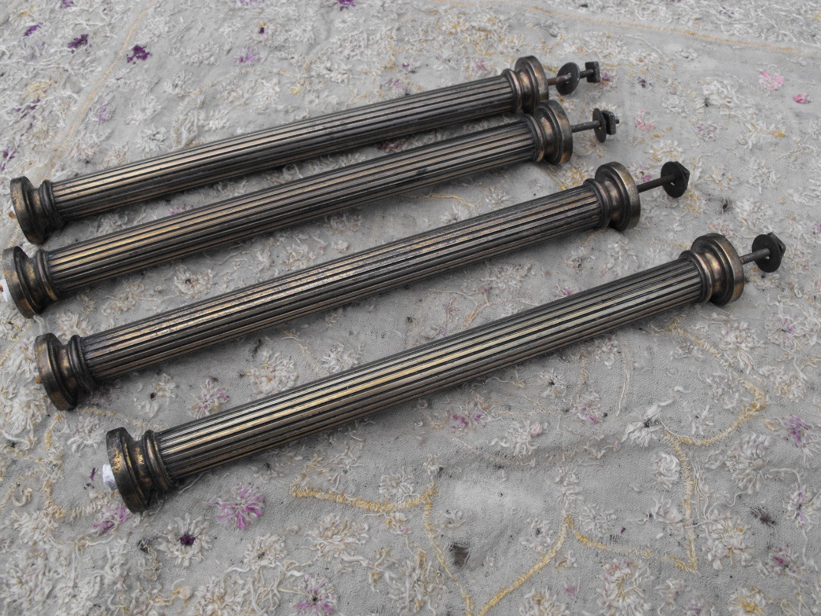 Antique 4 Brass Columns from Large Slate Clock Marked G.R. French? Length 24cm. Antique 4 Brass Columns from Large Slate Clock Marked G.R. French? Length 24cm.