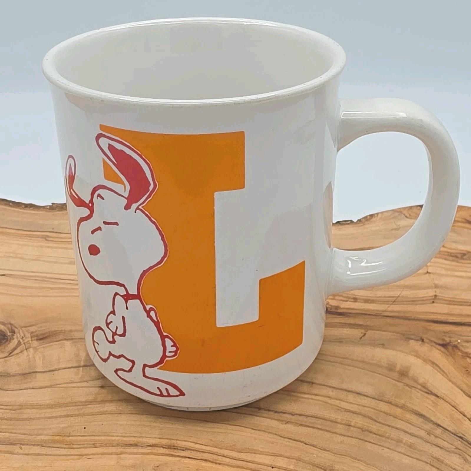 VTG 1958 Snoopy Letter L Mug Peanuts Schultz White Orange Red Monogram Aophabet