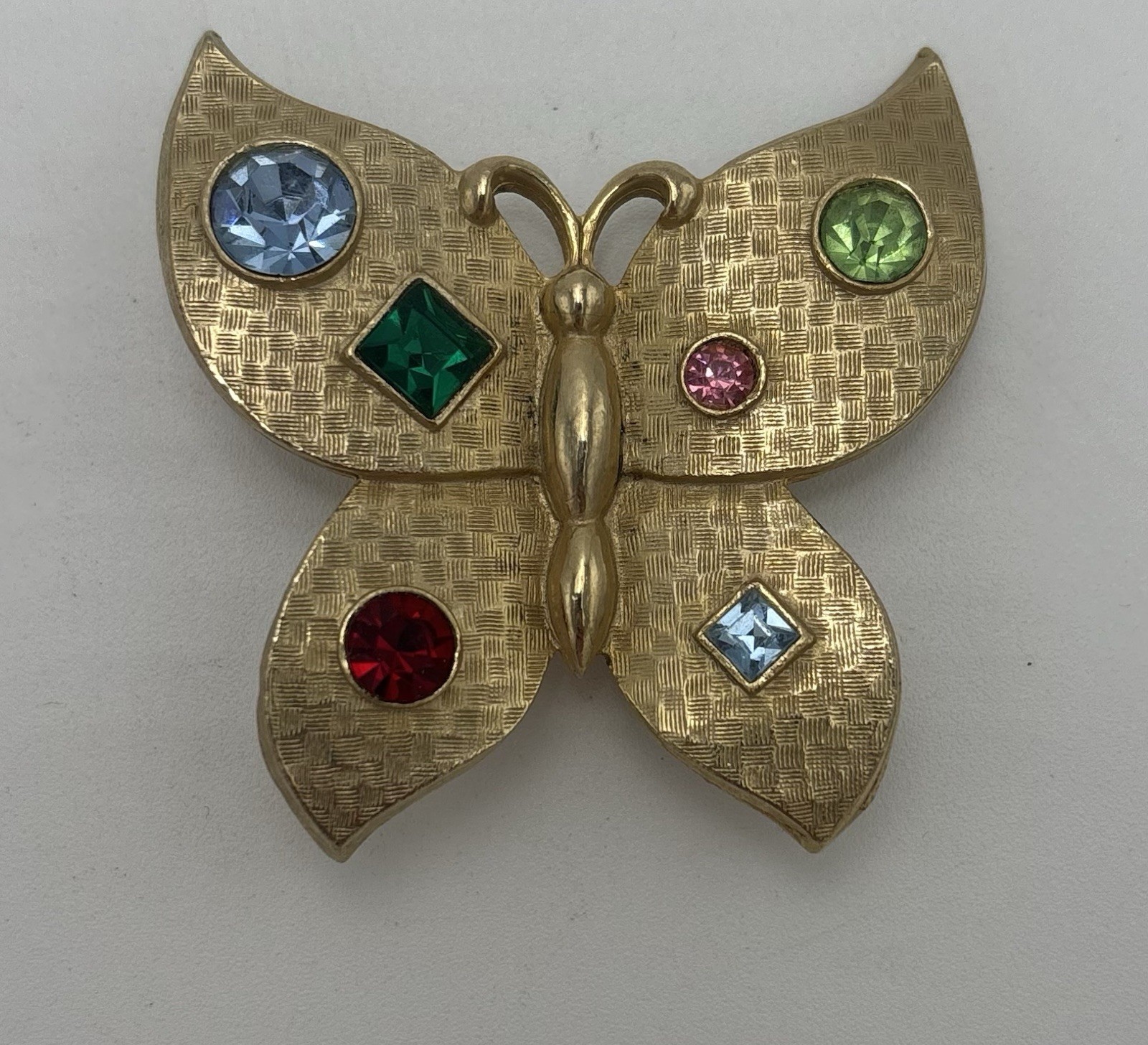 Vintage Gold Vermeil Butterfly Brooch Pin Multi-Color Rhinestones 1950s