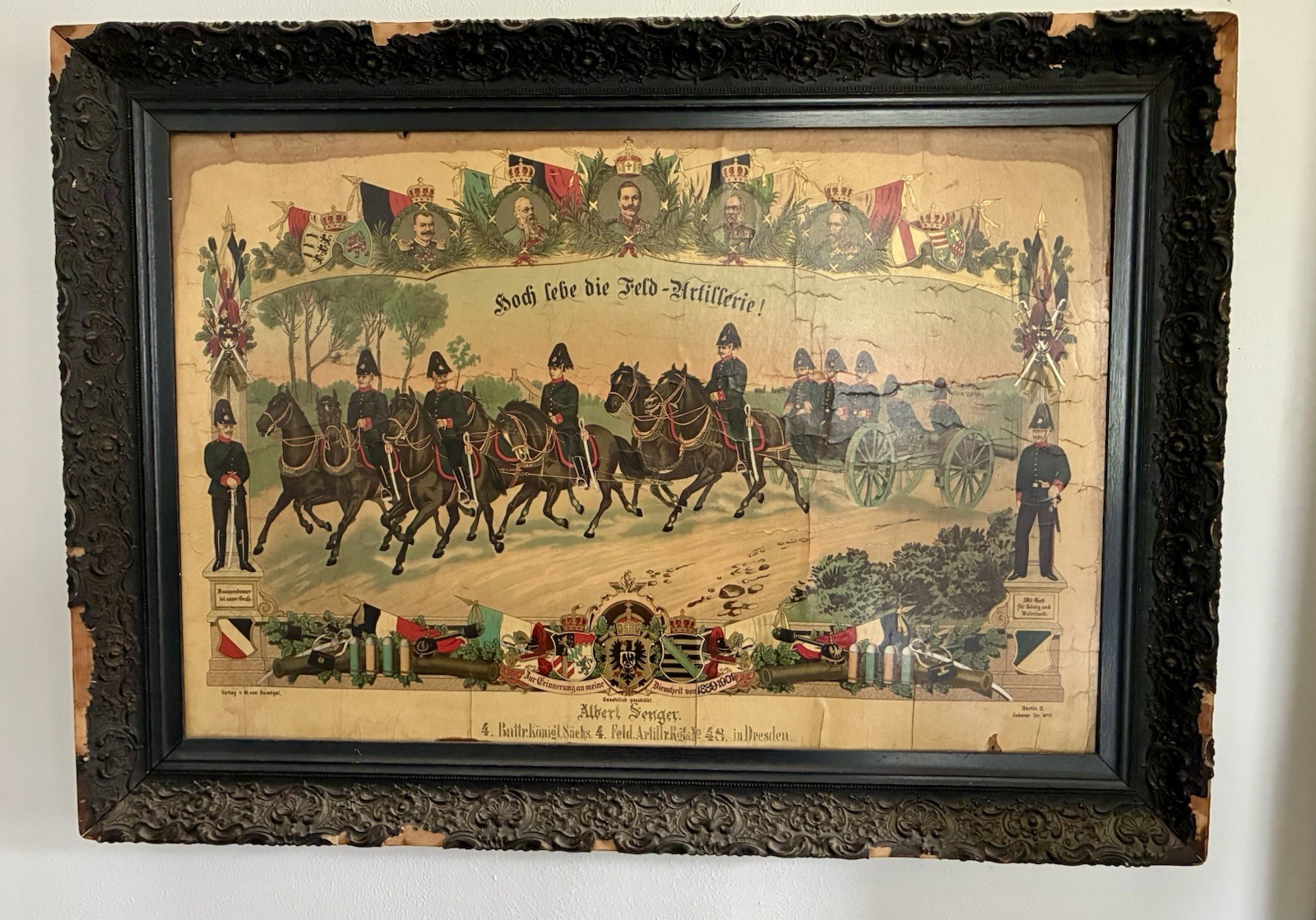 Antique German Military Commemorative Framed Lithograph Senger Feld Artillery