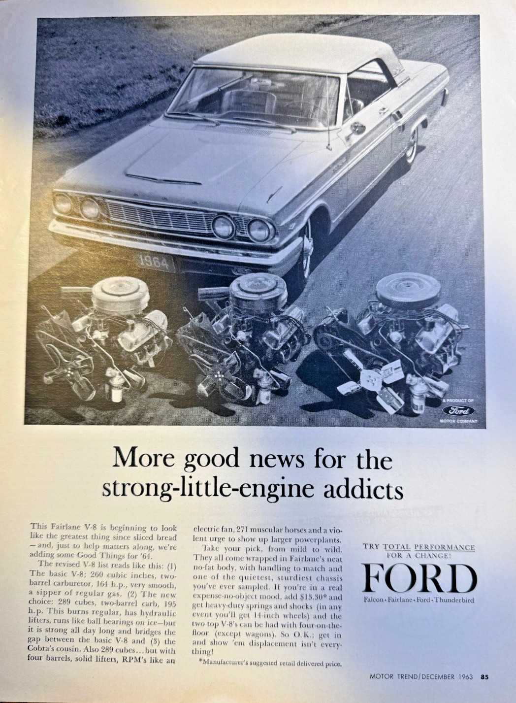 1964 Magazine Advertisement Ford Fairlane V-8 Total Performance
