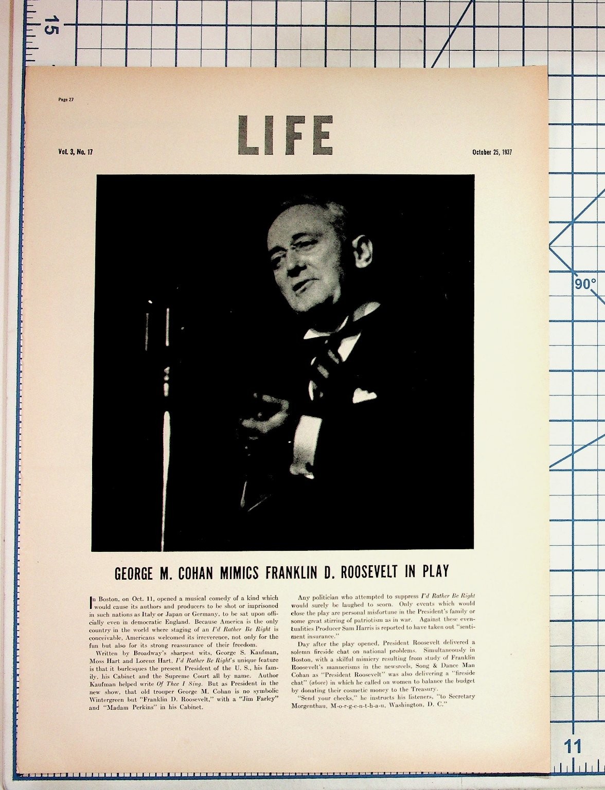1937 LIFE Magazine George M. Cohan FDR Play 