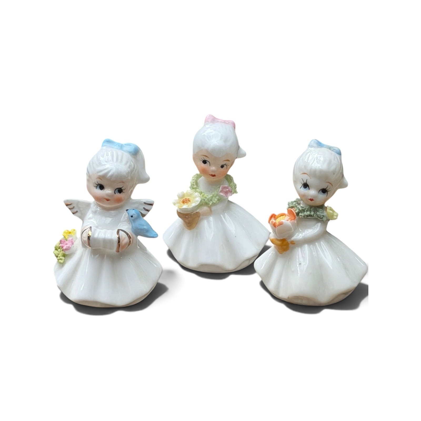 Napcoware Figurines Bone China Miniature Girls and Angel Set of 3 White