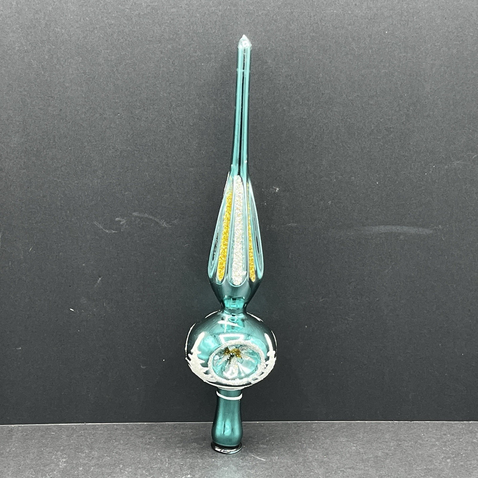 Vtg Mercury Glass Triple Indent Reflector Emerald Teal Mica Snow 10.5
