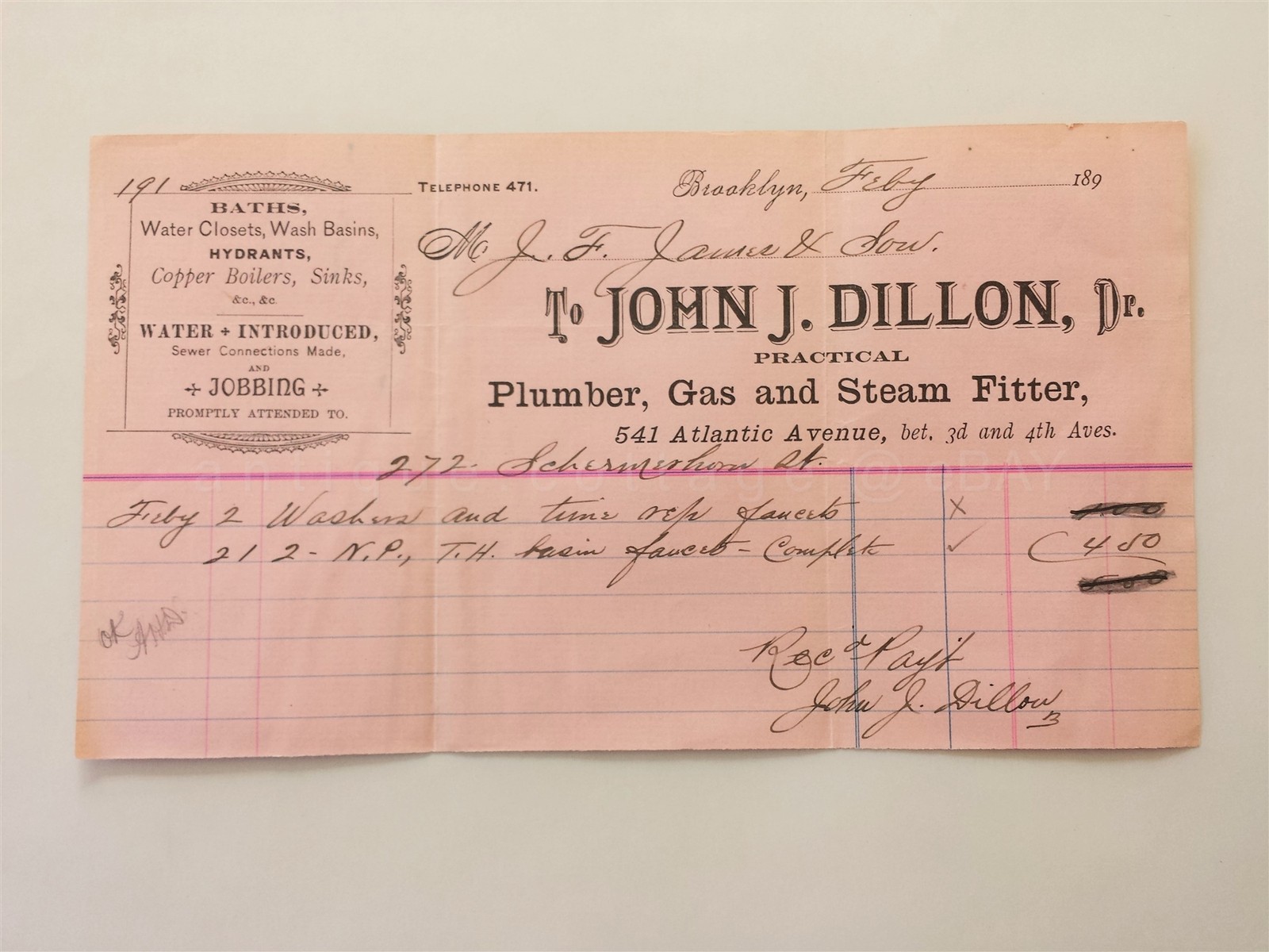 1890s antique JOHN J DILLON PLUMBER RECEIPT brooklyn ny J F JAMES copper boilers