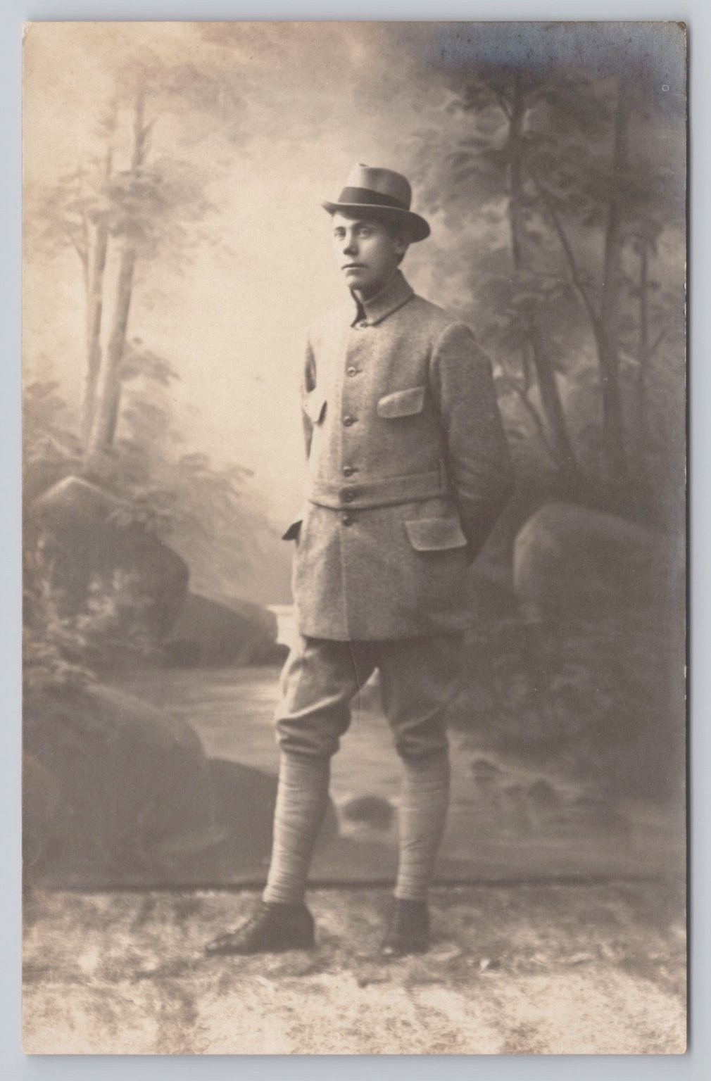 RPPC Young Man Studio Portrait Hat Suit Knickers Sepia Antique Postcard 1910s