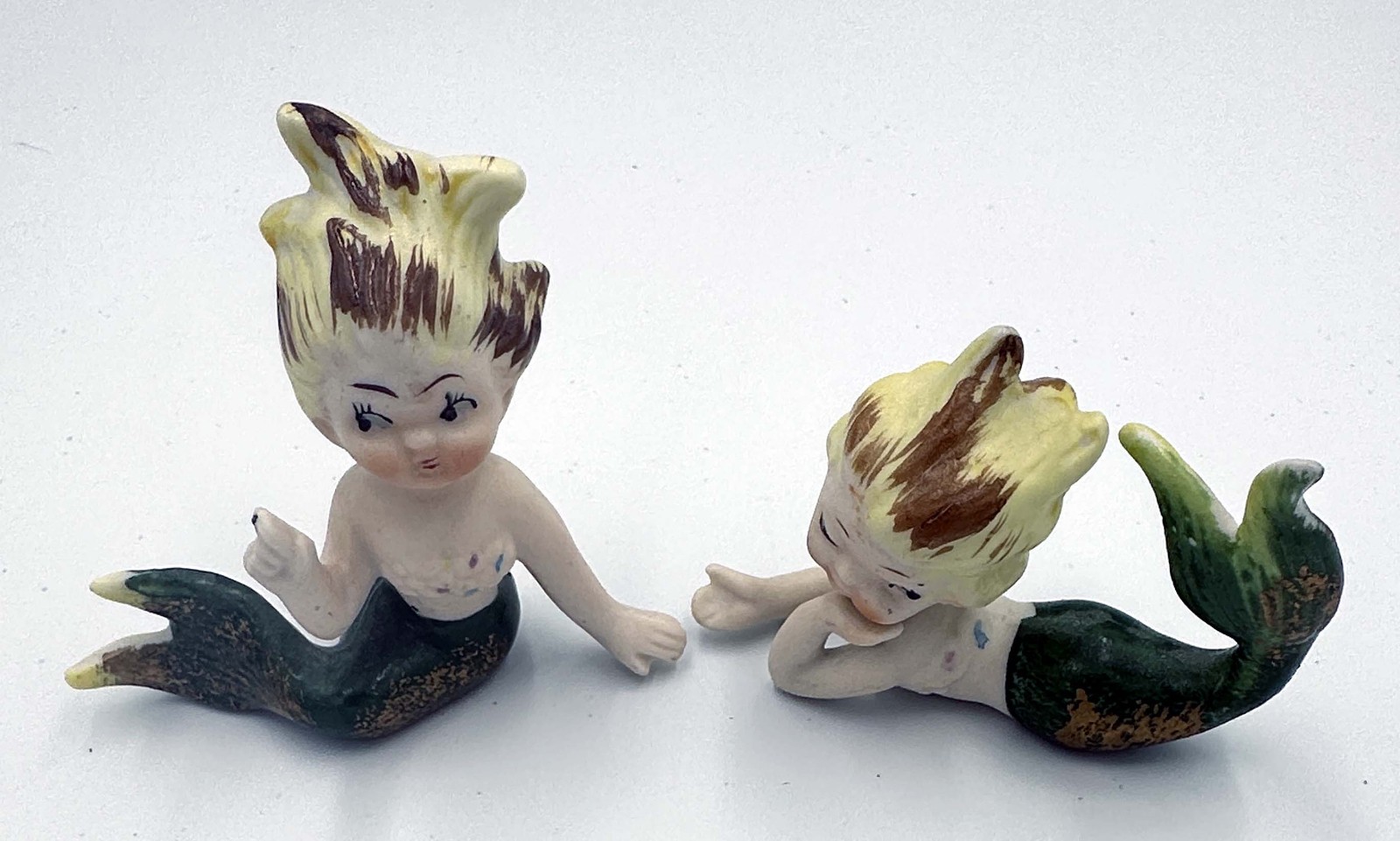 Vintage 1950's Pair Mid Century Bradley Wild Hair Ceramic Mermaid Rare Figurines