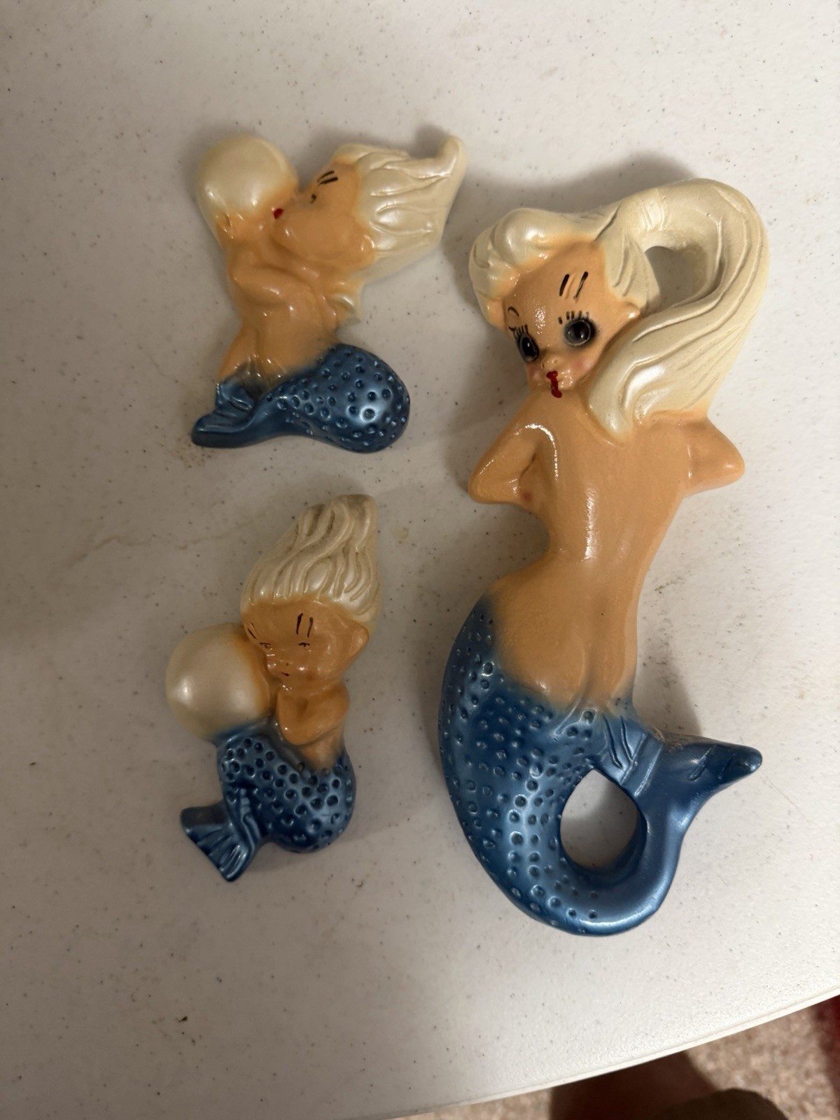 1950s 60s MCM 3 Mermaid Figurines Wall Cherubs Blue Kitschy Pin Ups Bathroom