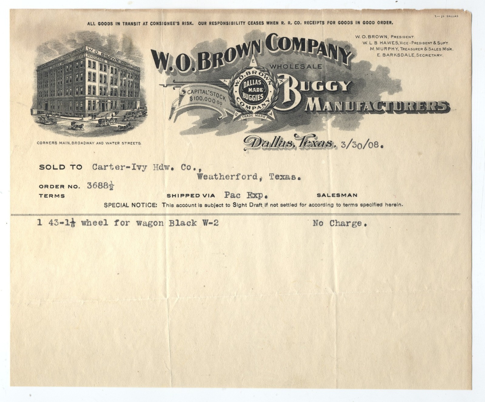 GRAPHIC 1908 BILLHEAD W O BROWN BUGGY CO. DOWNTOWN DALLAS TEXAS GRAPHIC 1908 BILLHEAD W O BROWN BUGGY CO. DOWNTOWN DALLAS TEXAS