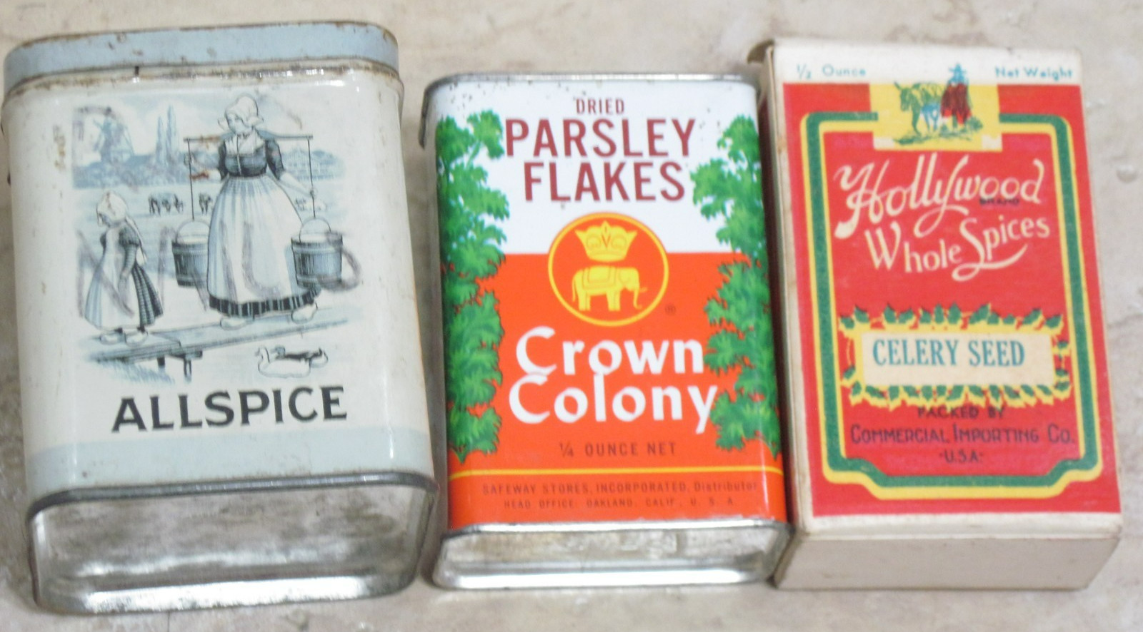 Vintage Spice Tin LOT of 3 Crown Colony Parsley Hollywood Box Square Allspice ++