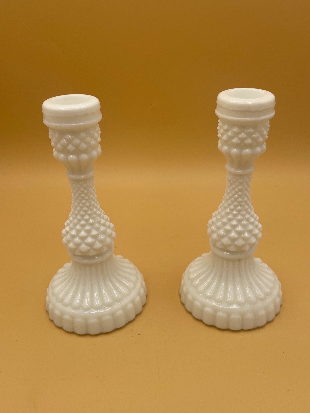 (357) VTG White Hobnail Milk Glass Candleholder Set 6.75\