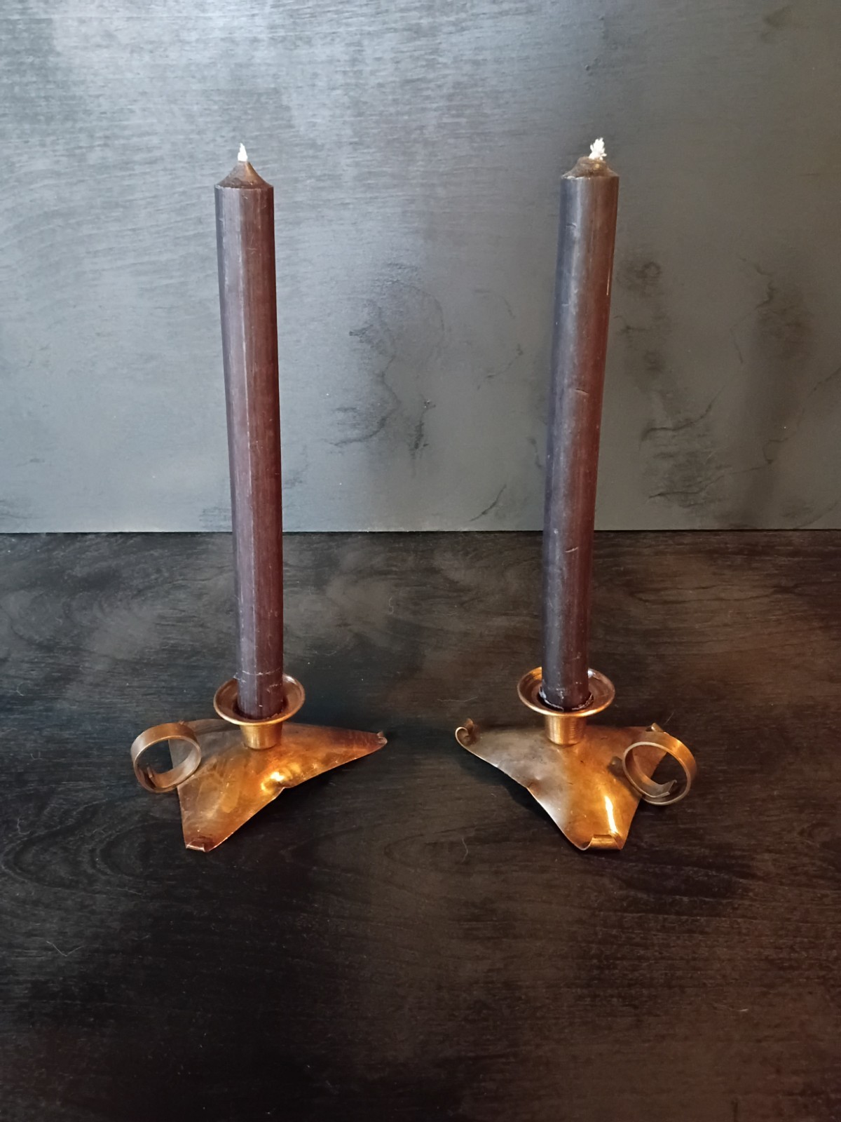1940s Vintage Pair Drumgold Solid Copper Tricorn Chambersticks Candle Holders 🔥