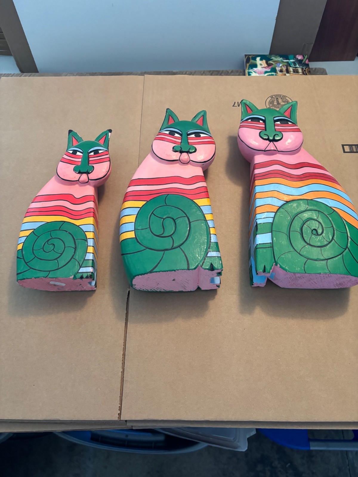 Laurel Burch Wooden Cats - 3 Pink and Green