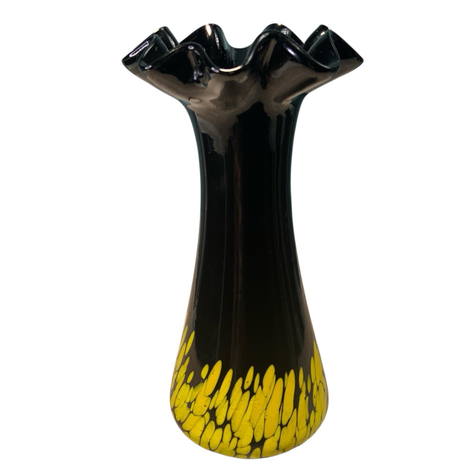 Vintage Handblown Vase  Black Ruffled Rim Yellow Speckled Base 6in
