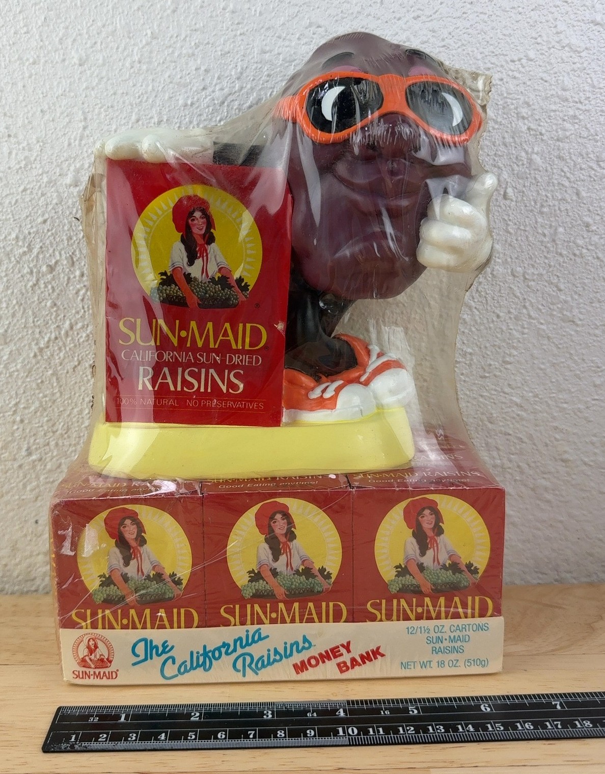 Sun-Maid California Raisins Plastic Money Piggy Bank Figure Original Wrap 1987