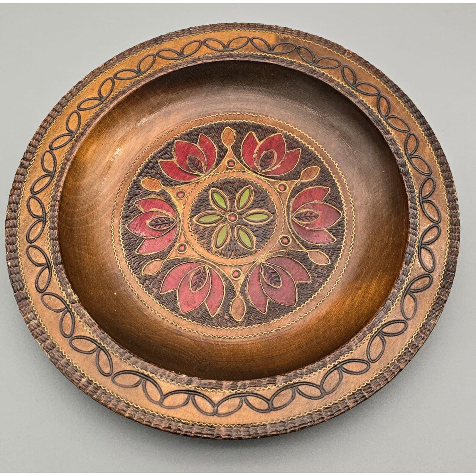 Spoldzielnia Rzemieslnicza Vintage Polish Carved Floral Wooden Folk Plate 9
