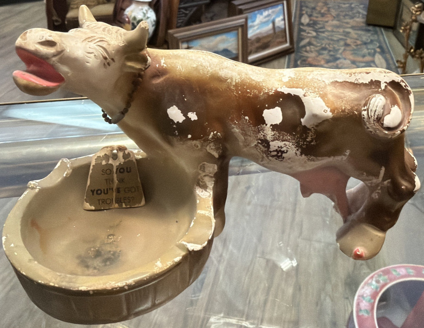 VTG Chalkware Cow Ashtray \