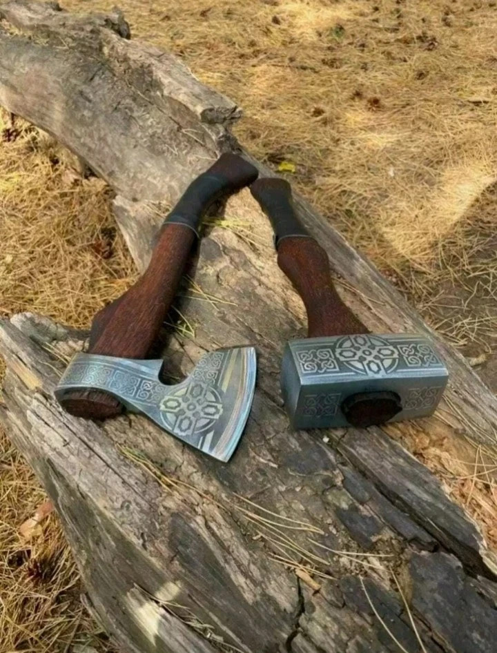 2pcs Set - Viking Axe  Viking Hammer , Mjolnir Hammer/Hand Forget Carbon Steel