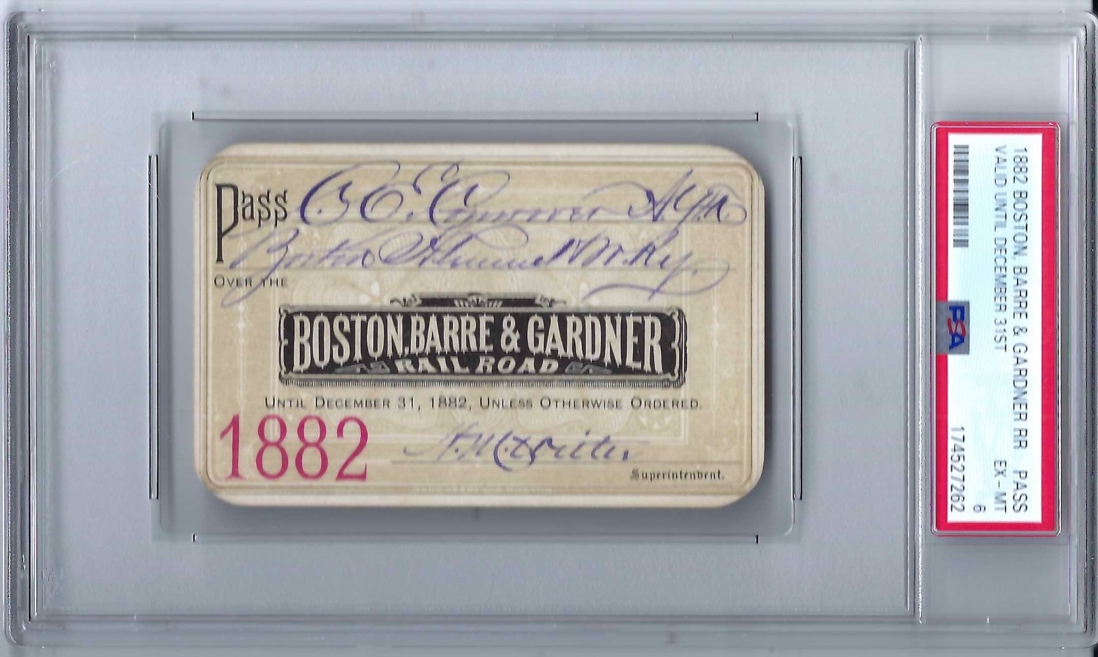 1882 Boston ,Barre & Gardner Rail Road Ticket Pass PSA EX-MT - 6