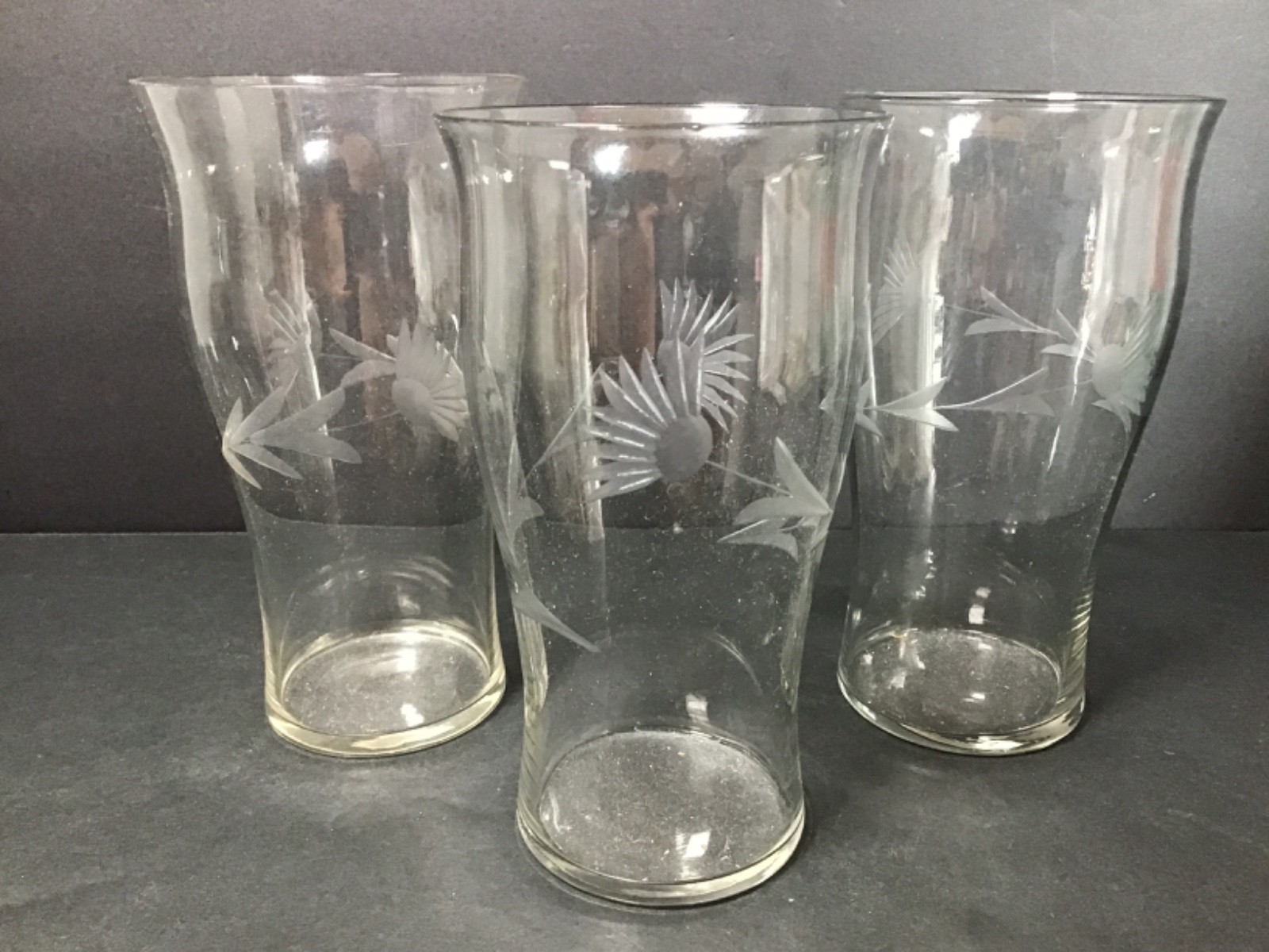 Floral Etched Clear Flat Tumblers Thin Delicate Glass Set of 3