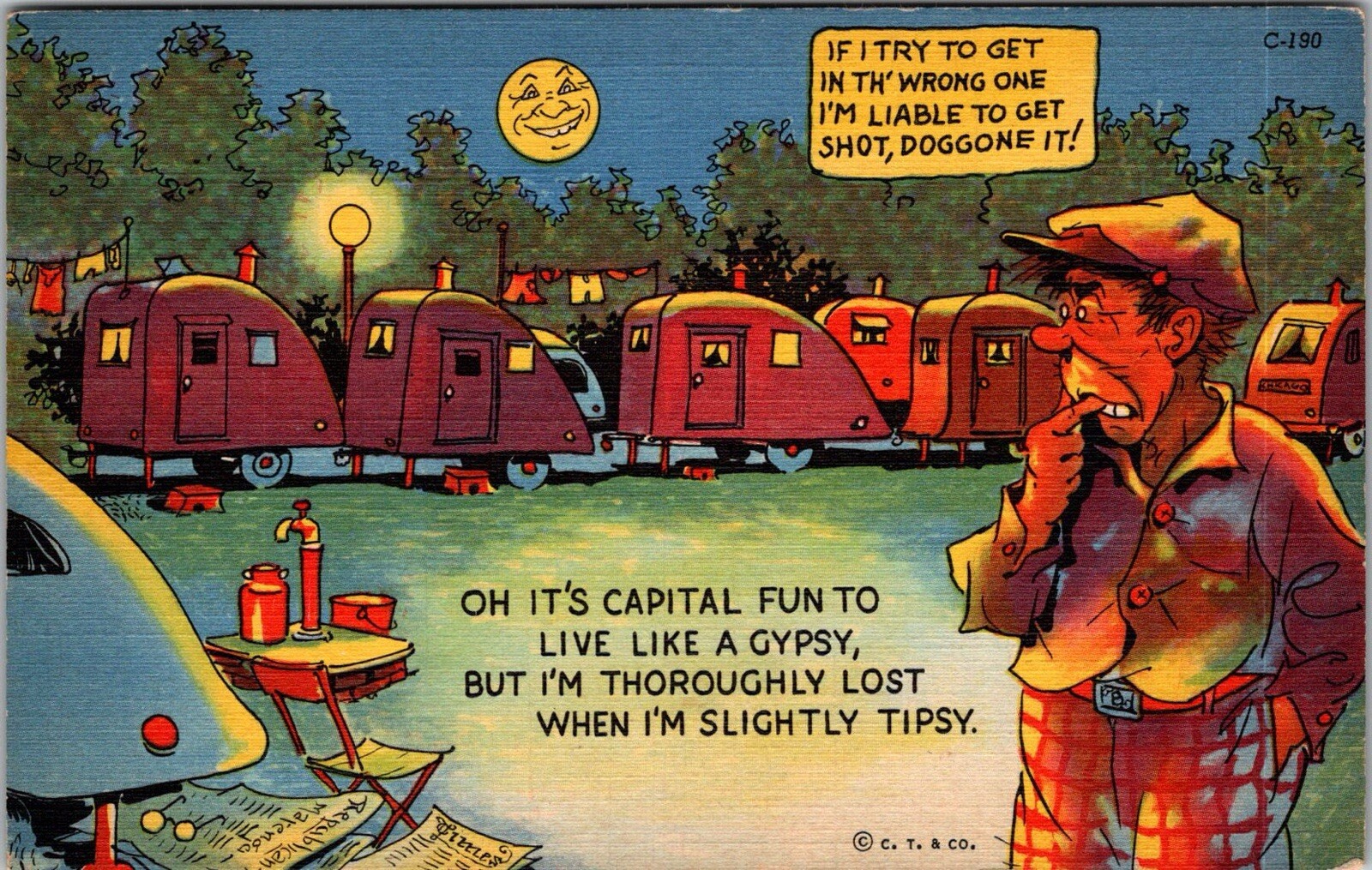 Tipsy Camper, Teardrop Trailer Park, Gypsy Living 1937 Comic Linen Postcard JH10