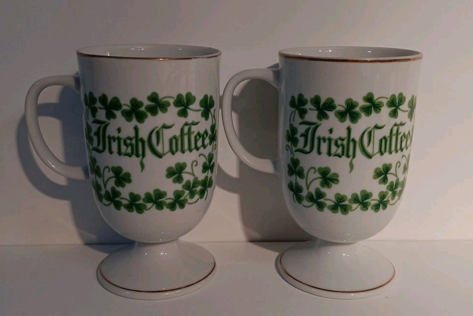 Irish Coffee Mugs Footed Made In Japan 2pc Set Funny Quotes Irish Humor Gift VTG