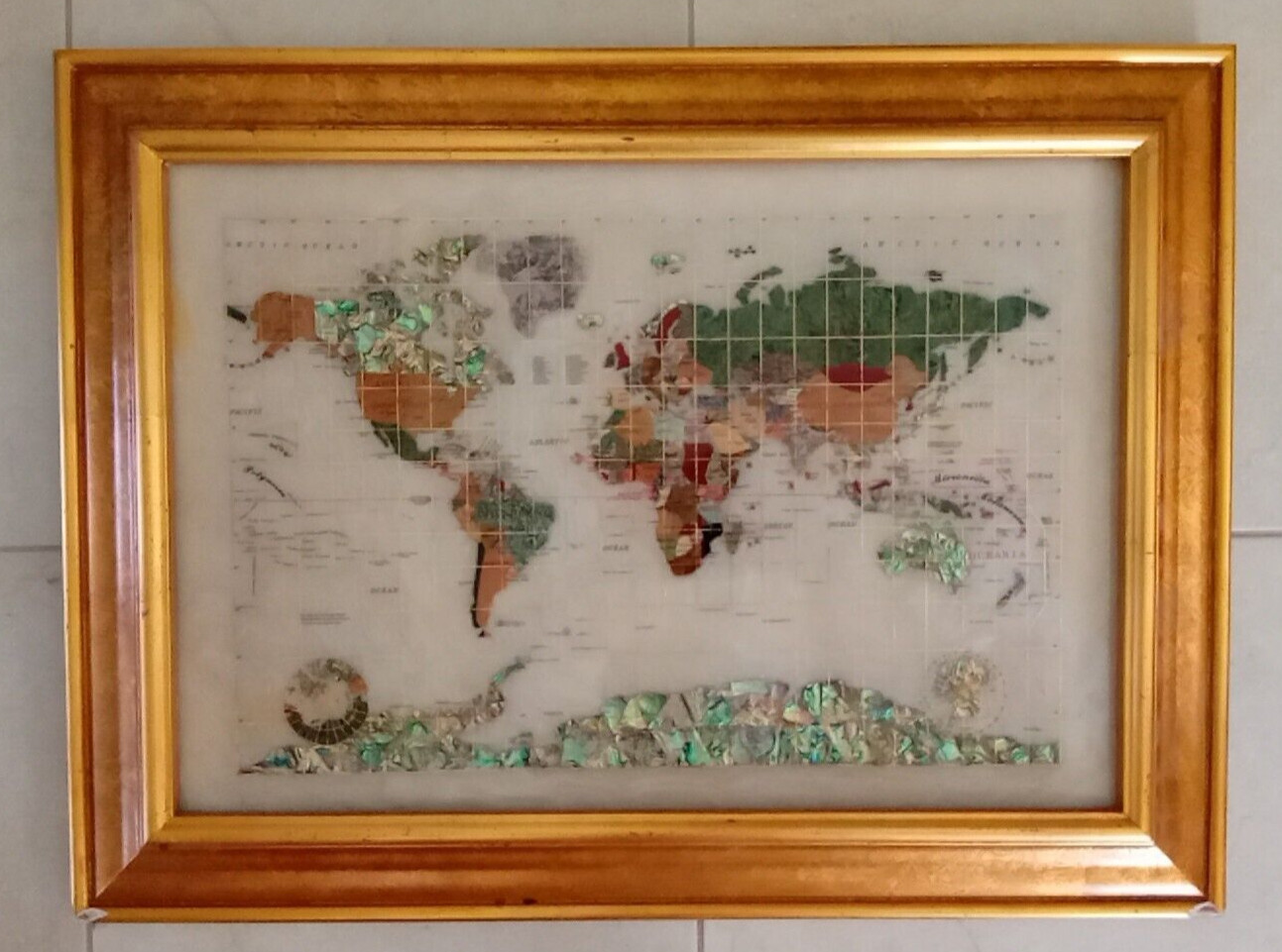 Antique Late 20th Century ALEXANDER KALIFANO Gem Stone Mother Of Pearl World Map
