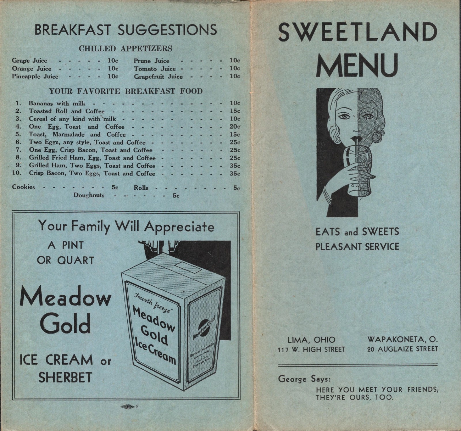 1938 SWEETLAND CONFECTIONERY vtg food and ice cream menu LIMA & WAPAKONETA, OHIO