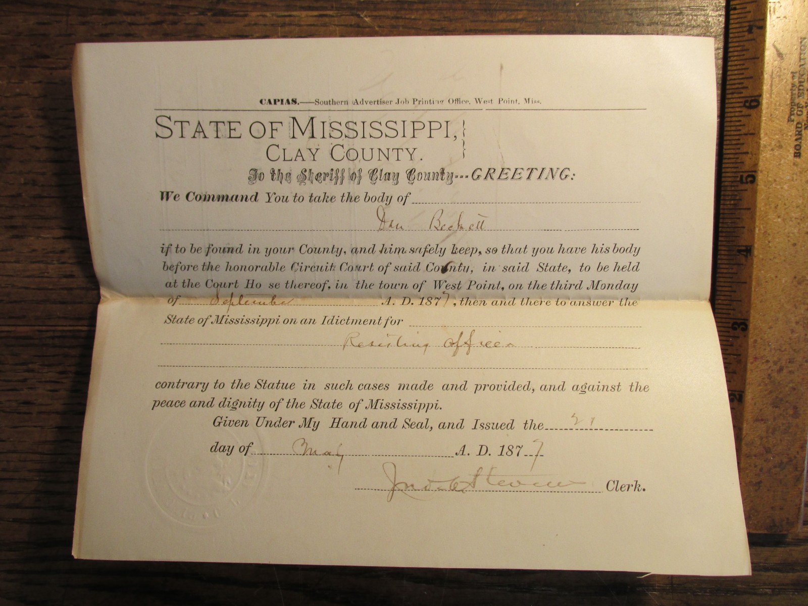 Antique Ephemera 1877 Mississippi MS Legal Document Resisting an Officer