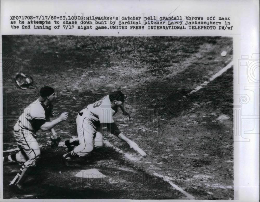 1959 Press Photo Dell Carndall, Milwaukee Braves, Larry Jackson, Cardinals