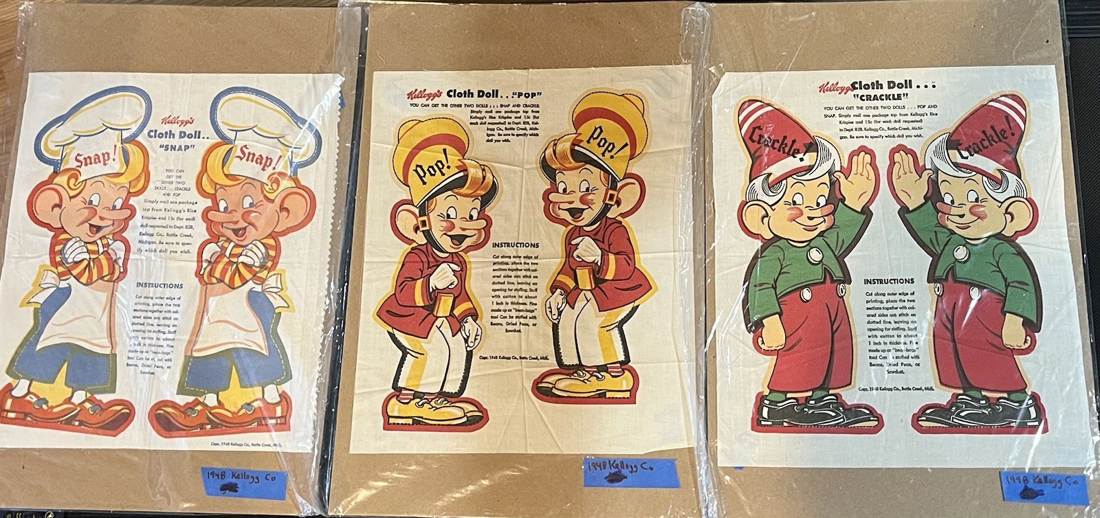 1948 Rice Krispies Cereal Snap Crackle Pop Uncut Pillow Dolls Advertising Mascot