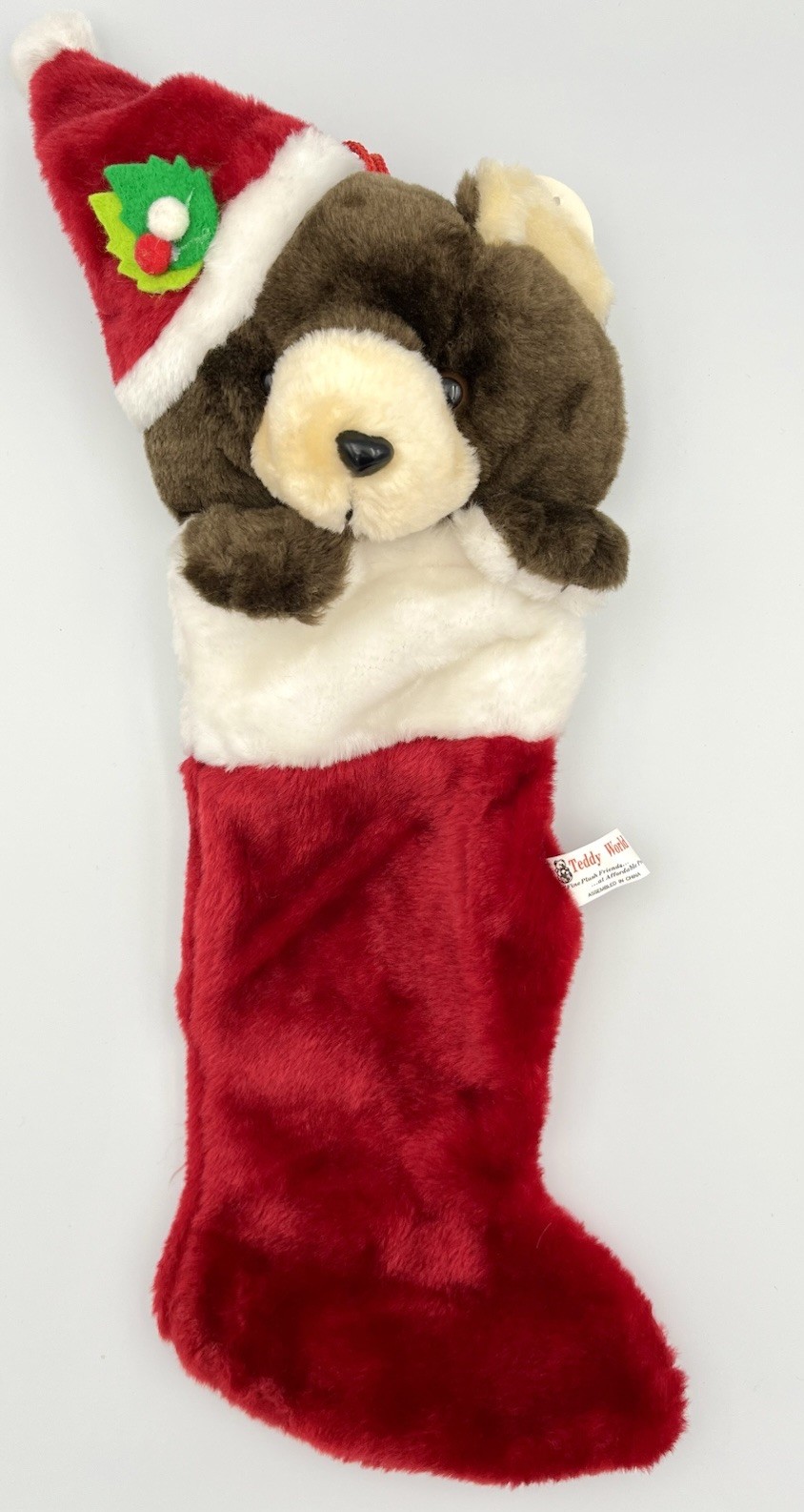 Vintage Teddy World Christmas Stocking Plush 3D 20” Bear Santa Red Hat NEW NWT