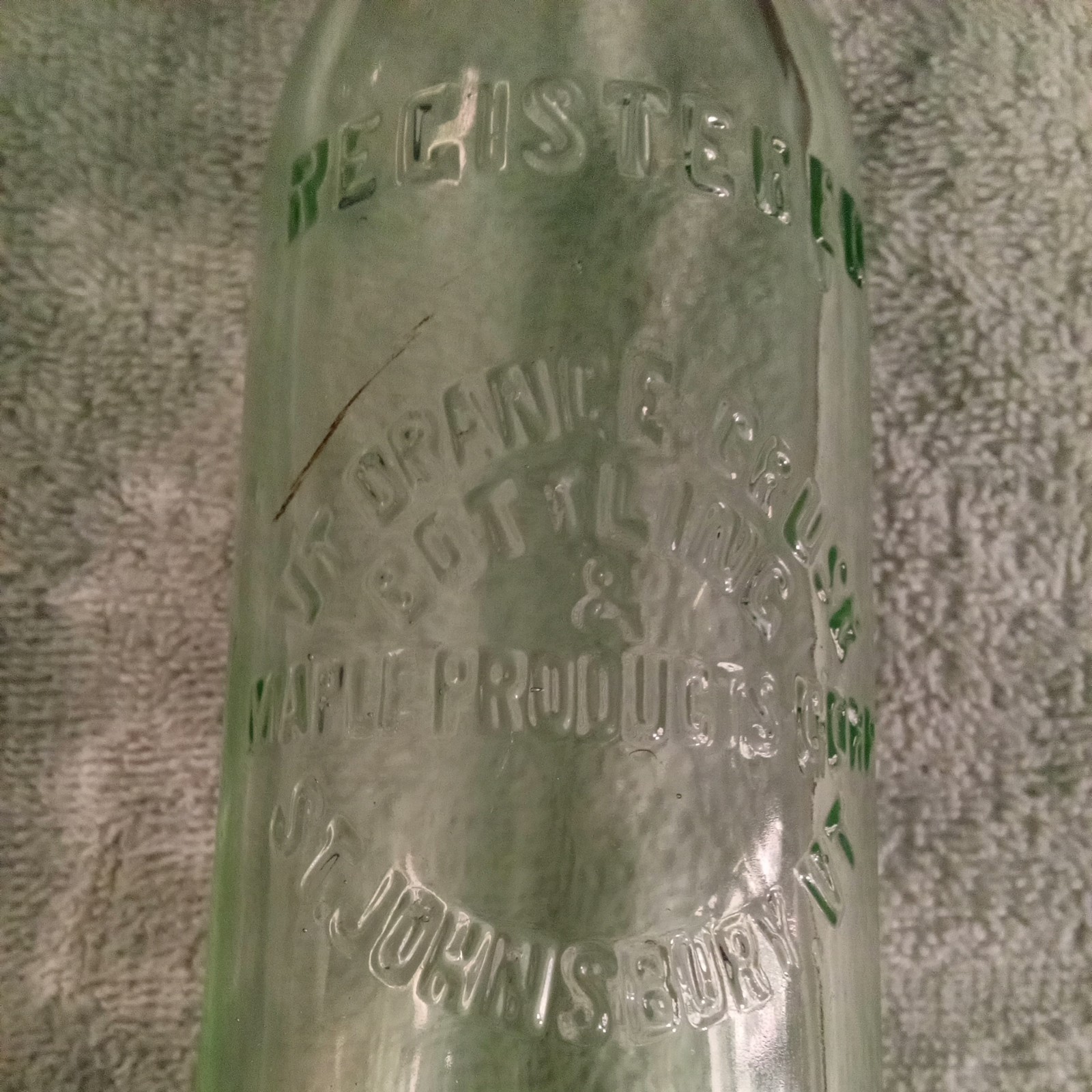 1920\'s St Johnsbury  Aqua VT ORANGE CRUSH SODA Maple Products BOTTLE Vermont