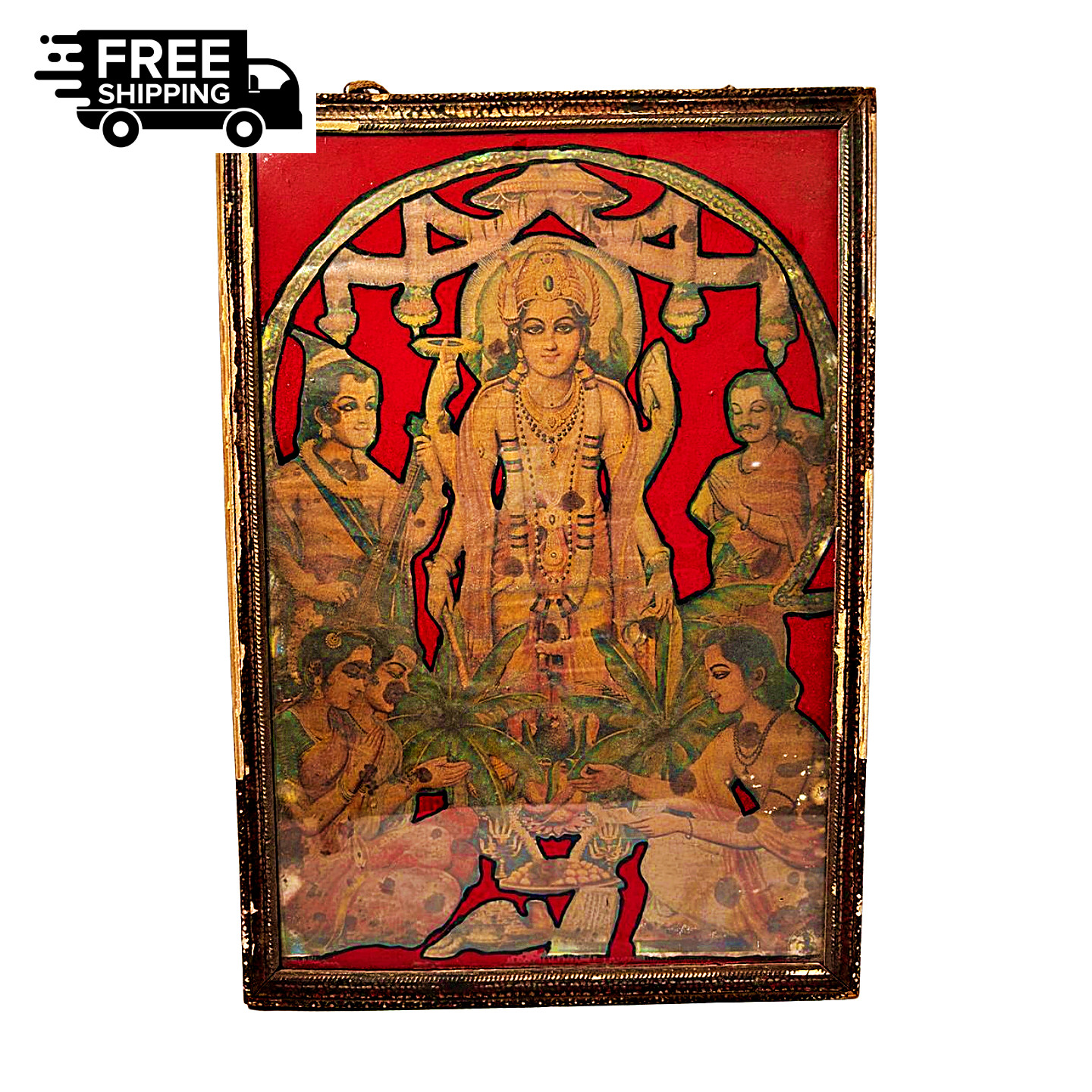 Vintage Lord Vishnu Framed Lithograph Print – Hindu Devotional Puja Wall Cut Art